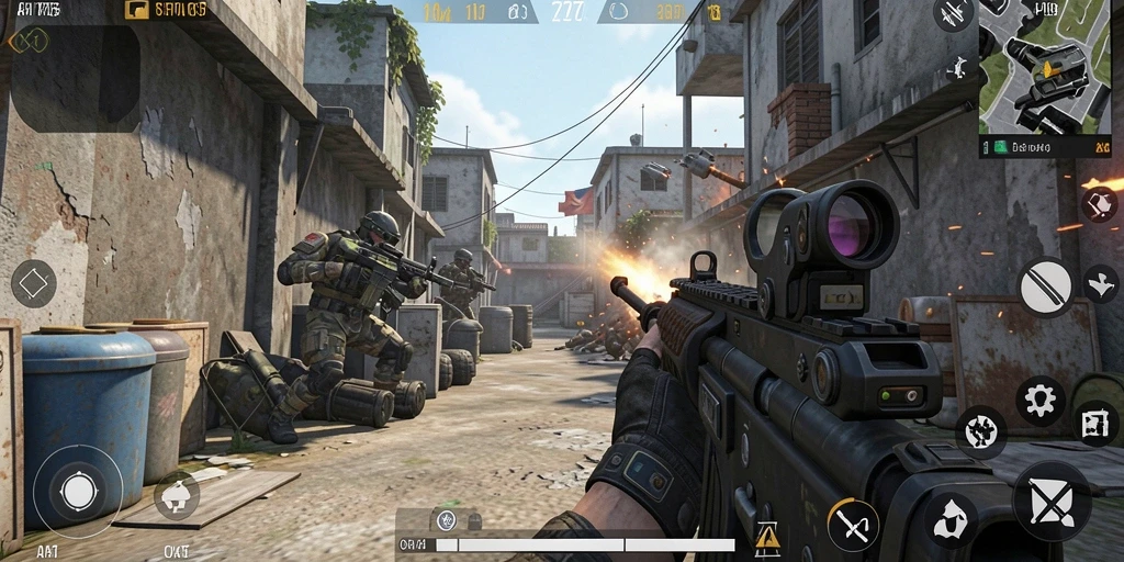 Screenshot A7777 menampilkan aksi tembak-menembak yang mendebarkan dalam gameplay FPS.