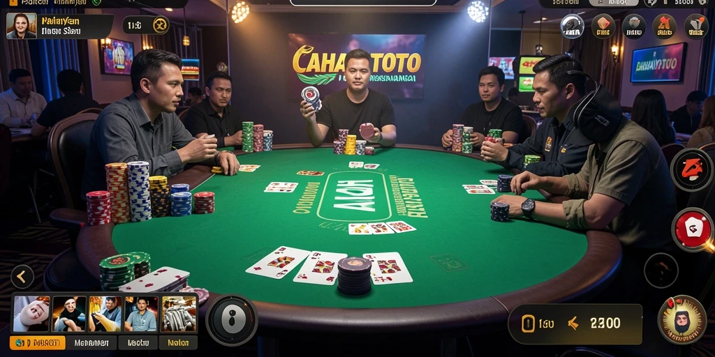 Tampilan gameplay seru Poker di CAHAYATOTO dengan pemain yang berinteraksi.